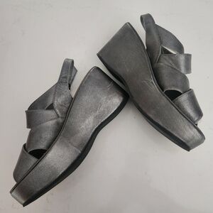 Kork-ease Allie Metallic Silver Handmade Wedge Platform Sandals 7 Brazil Leather